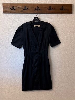 Classic navy Button-Front double breasted short sleeve linen Dress with pockets